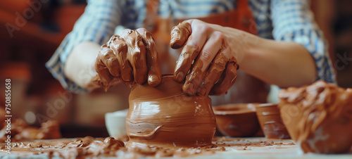 A person crafts a ceramic pot, shaping and molding the clay with skill and precision to create a unique piece of art