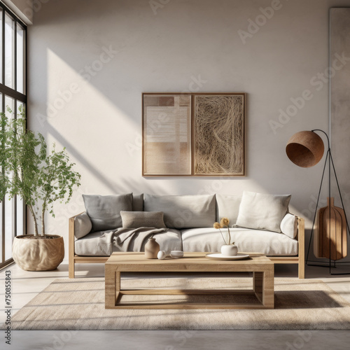 A modern living room with a grey sofa  a sisal rug  and a natural wood console table