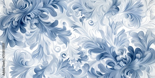 A detailed blue and white flower pattern stands out against a clean white background, showcasing intricate design elements and contrasting colors.