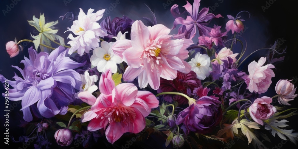 A bunch of pink and white spring flowers with soft buds on a purple background A bunch of pink and white spring flowers with soft buds on a purple background