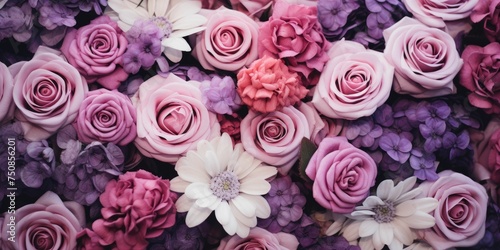 A bunch of pink and white spring flowers with soft buds on a purple background