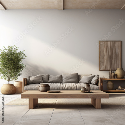 A modern living room with a grey sofa, a sisal rug, and a natural wood console table