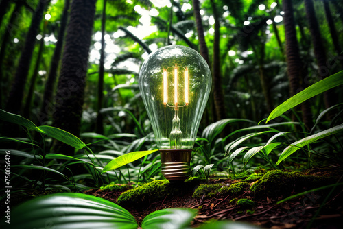 Green Nature located inside and over the Light bulb. Renewable Energy Environmental Protection. Ecology concept