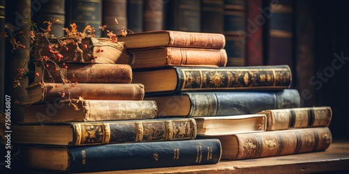 A stack of many old books on the table