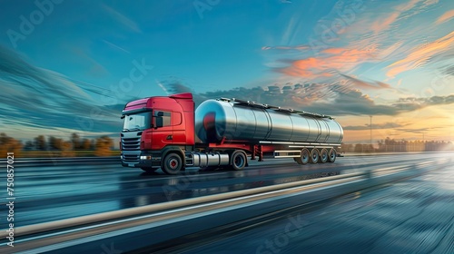 a dynamic side view of a big fuel gas tanker truck on the highway.