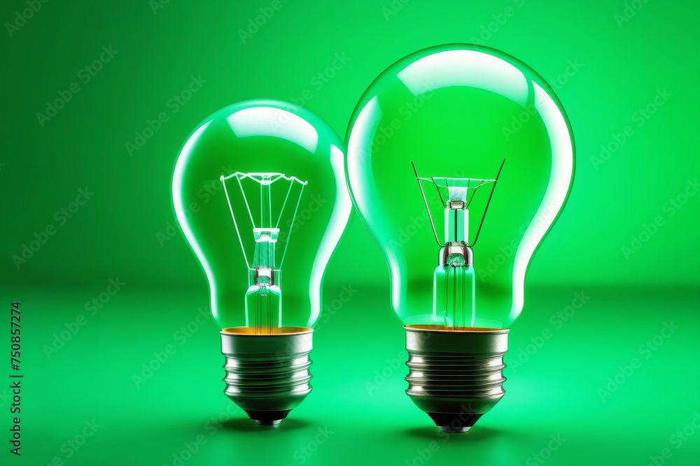 Two Electric household light bulbs on green background. Renewable Energy Environmental Protection. Ecology concept Two Electric household light bulbs on green background. Renewable Energy Environmental Protection. Ecology concept