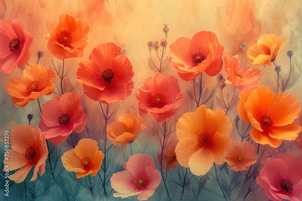 Watercolor poppy flowers background Watercolor poppy flowers background