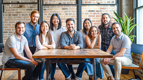 A group of smiling young and diverse professionals sit around an old wooden table photo