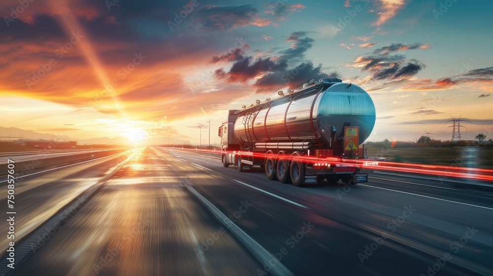 a dynamic side view of a big fuel gas tanker truck on the highway. a dynamic side view of a big fuel gas tanker truck on the highway.