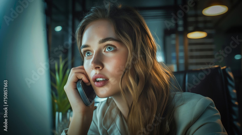 Closeup of a beautiful woman talking on the phone in front of a computer, working late at night in an office background