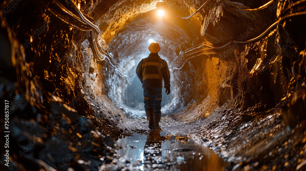 A miner working within the depths of an underground tunnel, extracting valuable resources from the earth's subterranean depths. - obrazy, fototapety, plakaty 