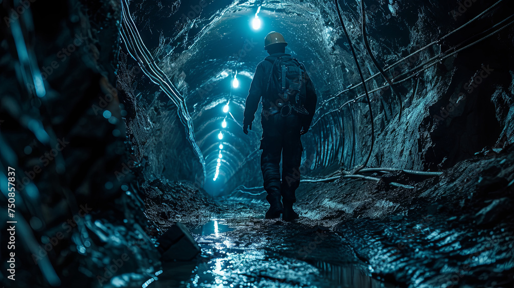 A miner working within the depths of an underground tunnel, extracting valuable resources from the earth's subterranean depths. - obrazy, fototapety, plakaty 