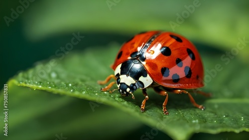 Macro photo of Ladybug in the green leaf. Macro bugs and insects world. 