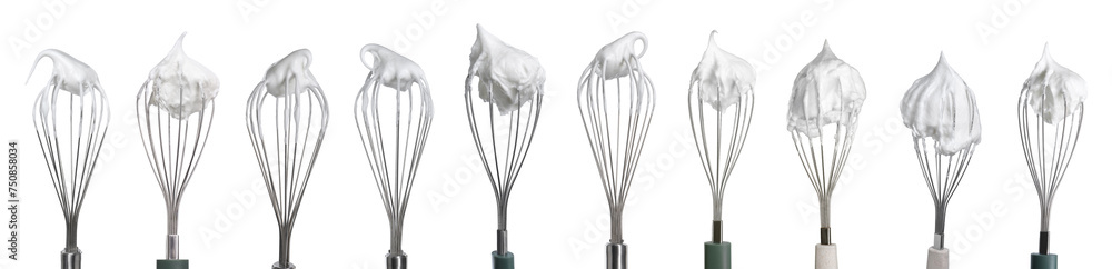 Many different whisks with cream isolated on white, collection Many different whisks with cream isolated on white, collection