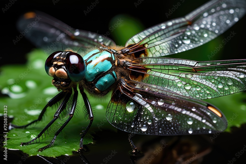 Fototapeta premium Dragonfly in close-up, dew in the wings, radiant nature., generative IA