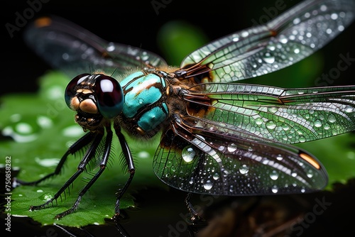 Dragonfly in close-up, dew in the wings, radiant nature., generative IA © JONATAS