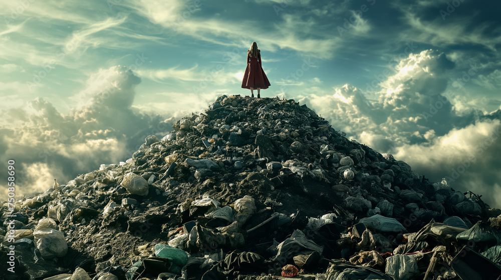 Kobieta na szczycie wysypiska śmieci - obrazy, fototapety, plakaty 