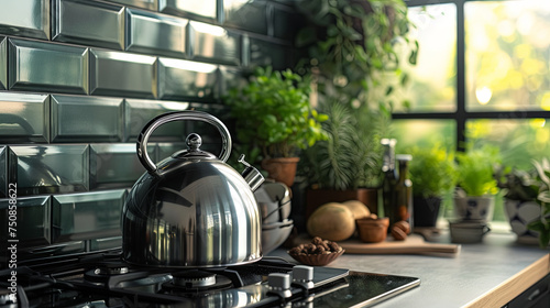 A metal kettle in a modern kitchen with green houseplants
