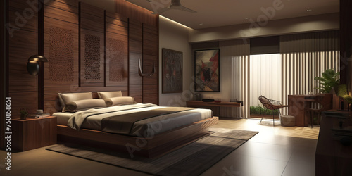 Stylish bedroom interior with ethnic decor in modern house.