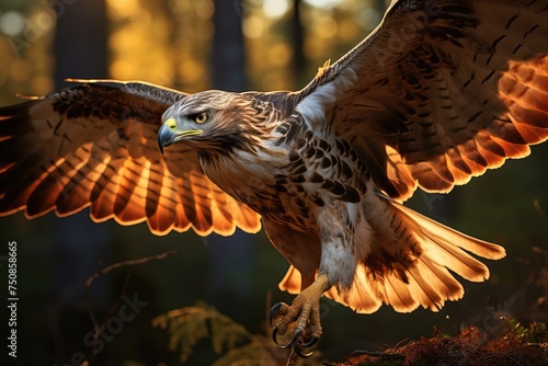 Inspiring hawk on forest flight., generative IA