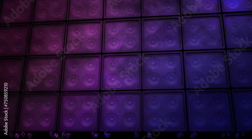 Guitar amp cabinets wall. Purple retro, 3D render background. Music equipment used on live festivals . Ideal for event posters or guitar and bass accessories and products