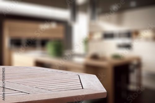 wooden tabletop on modern kitchen background.