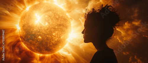 A cinematic close-up image capturing a silhouette figure of woman against the backdrop of a massive  radiant sun in space