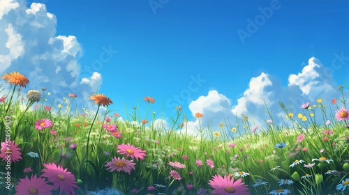 A field of blooming wildflowers beneath a clear blue sky.