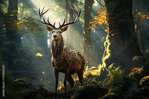 Graphical deer with natural scene horns., generative IA © JONATAS