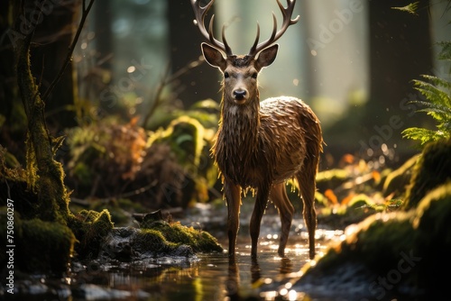 Majestic deer in the forest under the sun., generative IA