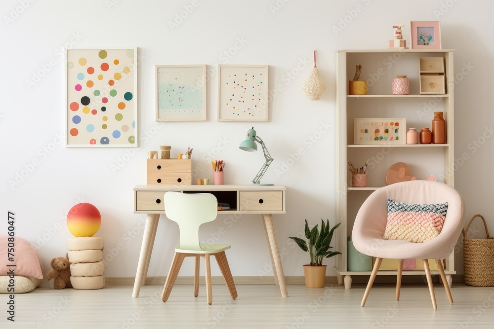 Fototapeta premium A fresh and modern child's study area, adorned with colorful artwork, a stylish desk setup, and playful decorations for inspiration