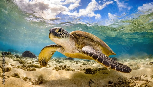An endangered Hawaiian Green Sea Turtle cruises in the warm waters of the Pacific Ocean  © blackdiamond67