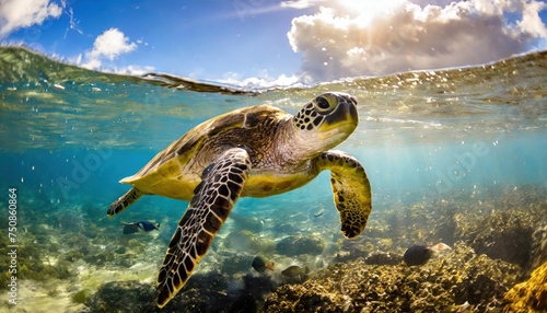 An endangered Hawaiian Green Sea Turtle cruises in the warm waters of the Pacific Ocean 