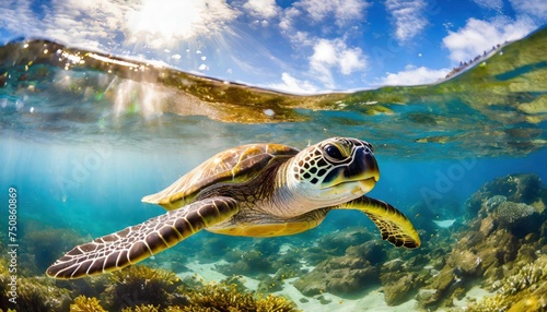 An endangered Hawaiian Green Sea Turtle cruises in the warm waters of the Pacific Ocean  © blackdiamond67