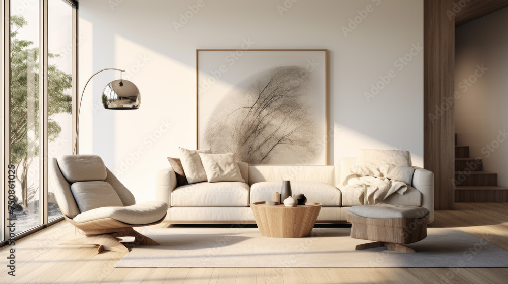A modern living room with a sleek armchair and Augmented Reality artwork A modern living room with a sleek armchair and Augmented Reality artwork