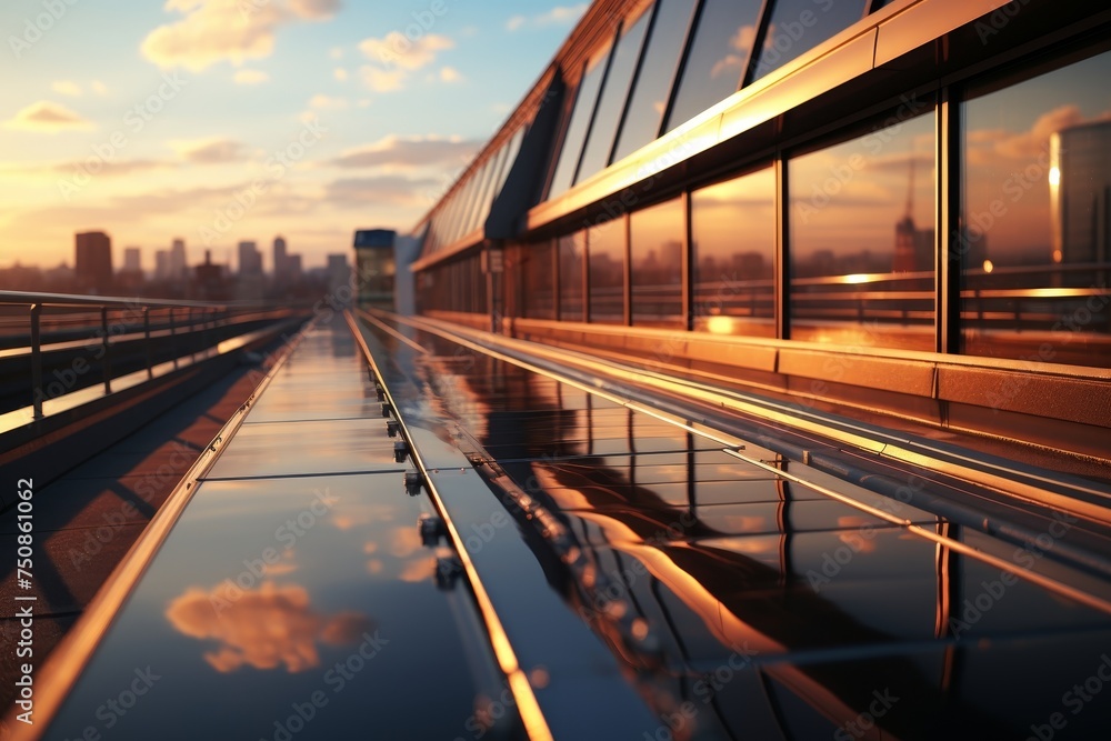 Fototapeta premium Pastel pink sunset reflection on solar panels, symbolizing the power of solar energy