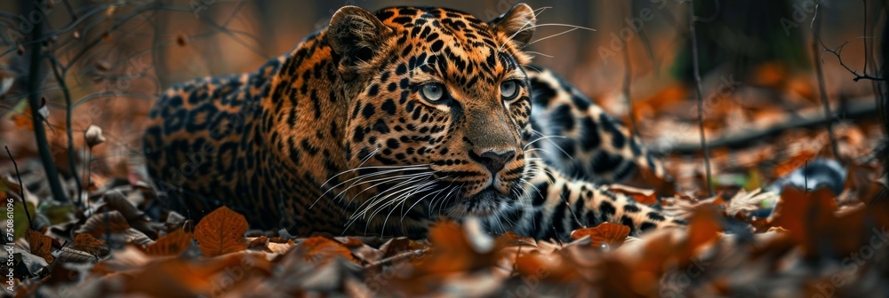 Amur Leopard in the Forest Background created with Generative AI Technology - obrazy, fototapety, plakaty 