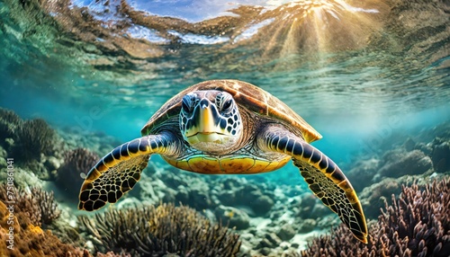 An endangered Hawaiian Green Sea Turtle cruises in the warm waters of the Pacific Ocean  photo