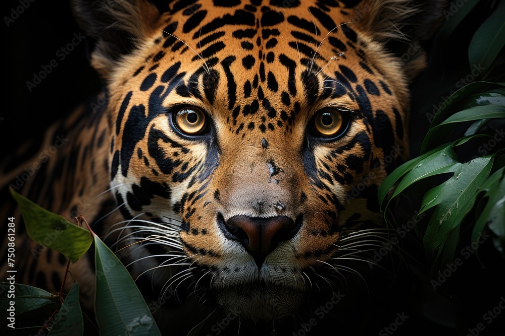 Obraz premium Exhibition displays majestic jaguar in nature., generative IA