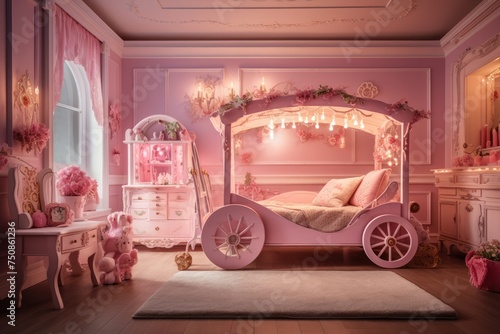 Dreamy princess themed bedroom in shades of pink, featuring a carriage bed, floral decorations, and elegant vintage furniture photo