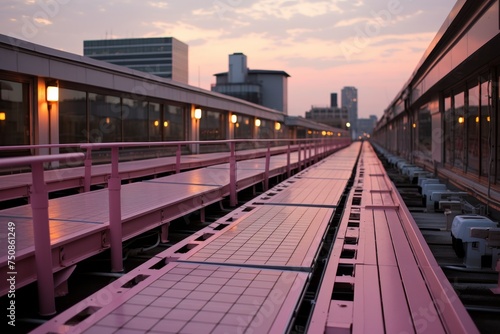 Pastel pink sunset reflecting on solar panels, symbolizing the powerful impact of solar energy.