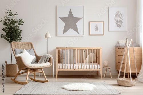 Fresh and inviting Scandinavian nursery with light wooden furniture, a soft blue armchair, vibrant artwork, and natural accents