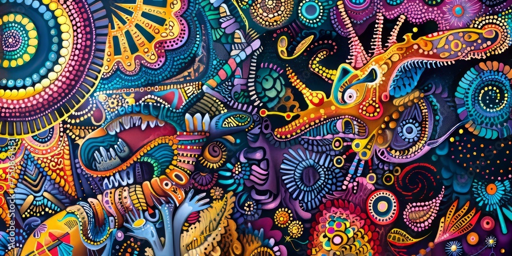 Vibrant aquatic mural teeming with colorful, abstract sea life and patterns.