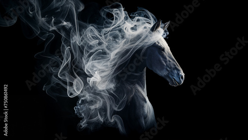 White horse head portrait emerging from smoke, abstract concept background.