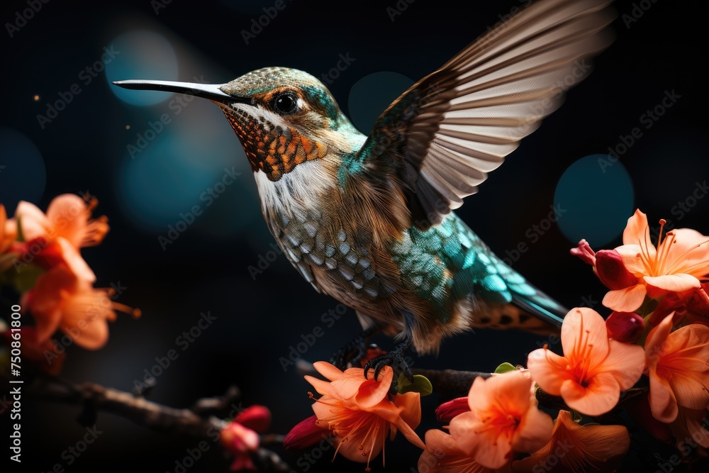 Fototapeta premium Hummingbird in the flight during bird observation., generative IA
