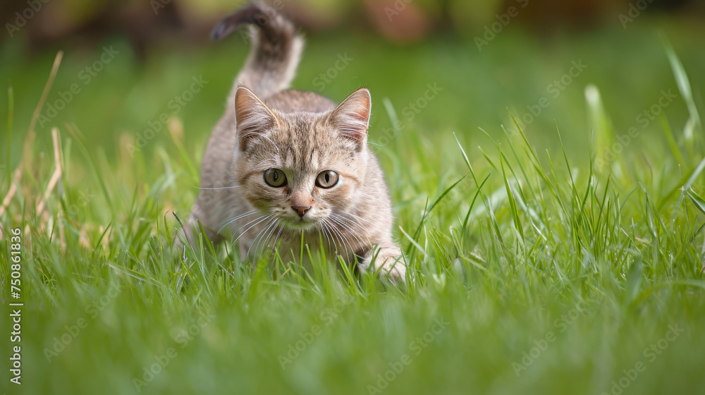 A playful cat explores the lush, tall grass in the garden, its curious eyes gleaming with wonder amidst the vibrant foliage of the outdoor sanctuary