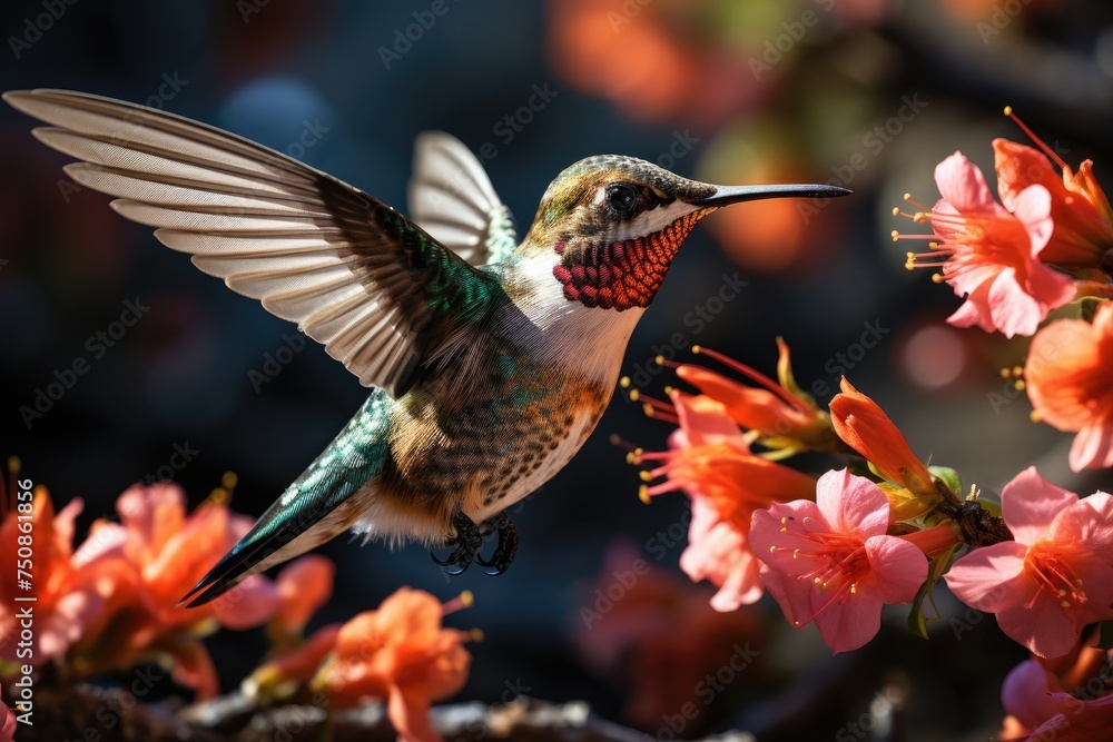 Fototapeta premium Migratory hummingbird in a vibrant flower field., generative IA