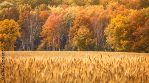 A field of golden wheat with trees in their autumn colors in the background  showcasing the rich and varied tapestry of autumn landscapes.