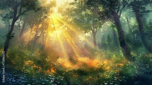 Enchanted forest scene with rays of sunlight filtering through trees and illuminating a magical glade. 
