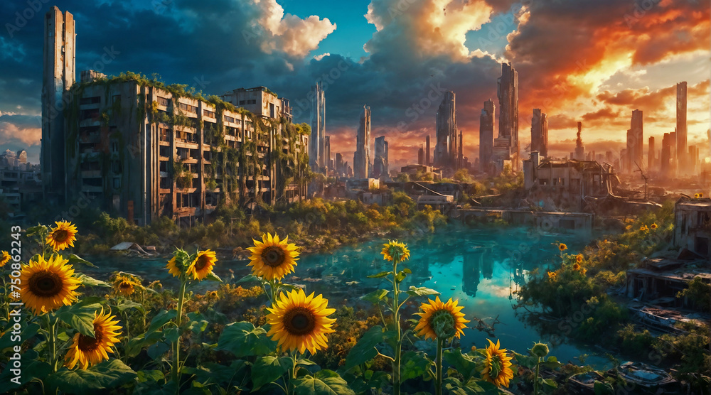 High resolution digital illustration of a futuristic post apocalyptic cityscape overgrown with vegetation and lush trees. 3d rendering of the end of civilization yet a world coming alive once again.  - obrazy, fototapety, plakaty 